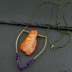 Large Lapis Lazuli Emblem Necklace - Neon Orange