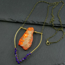 Large Lapis Lazuli Emblem Necklace - Neon Orange